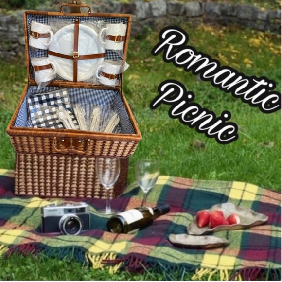 Vintage Other - Large Woven Picnic Basket Romantic Vintage Set All Season Use Tan Blue Gingham